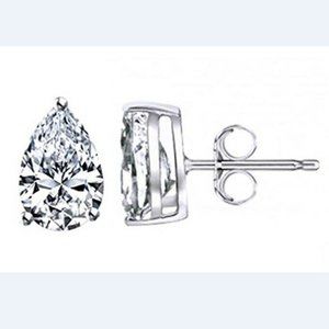 Real 14K Solid White Gold Pear Shaped Pushback Studs with White Stone 5x3mm
